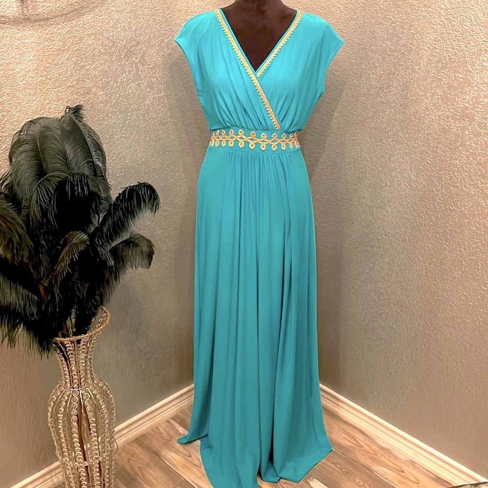 Kohkoh teal & gold maxi dress. Size small. Cap sleeves.